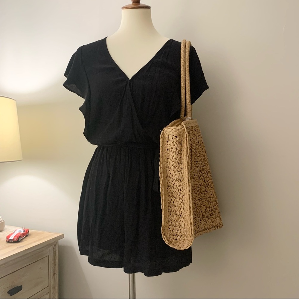 DR2 black flutter sleeve romper with tie waist